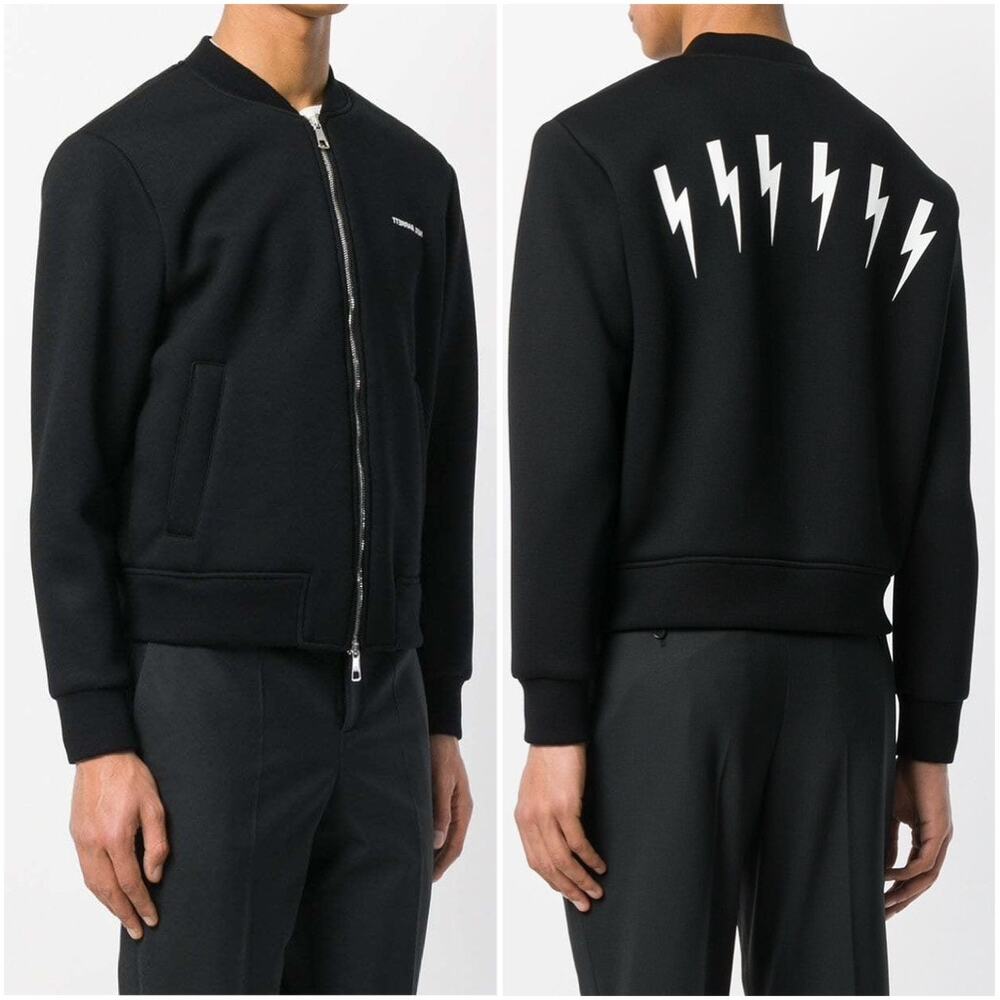 Neil Barrett Men's Lightning Bolt Bomber Jacket Neoprene Logo Coat Black